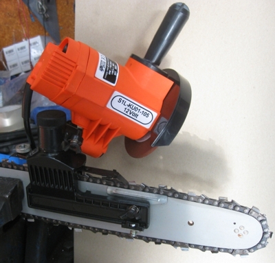The GardenWiz bar-mounted mini-grinder is a precision tool for sharpening chainsaw teeth
